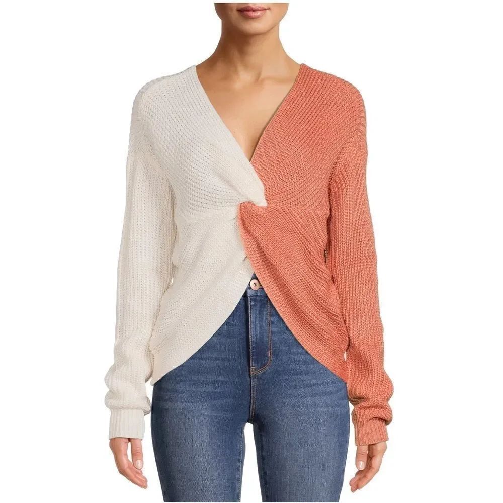 No boundaries peach and cream twist front sweater